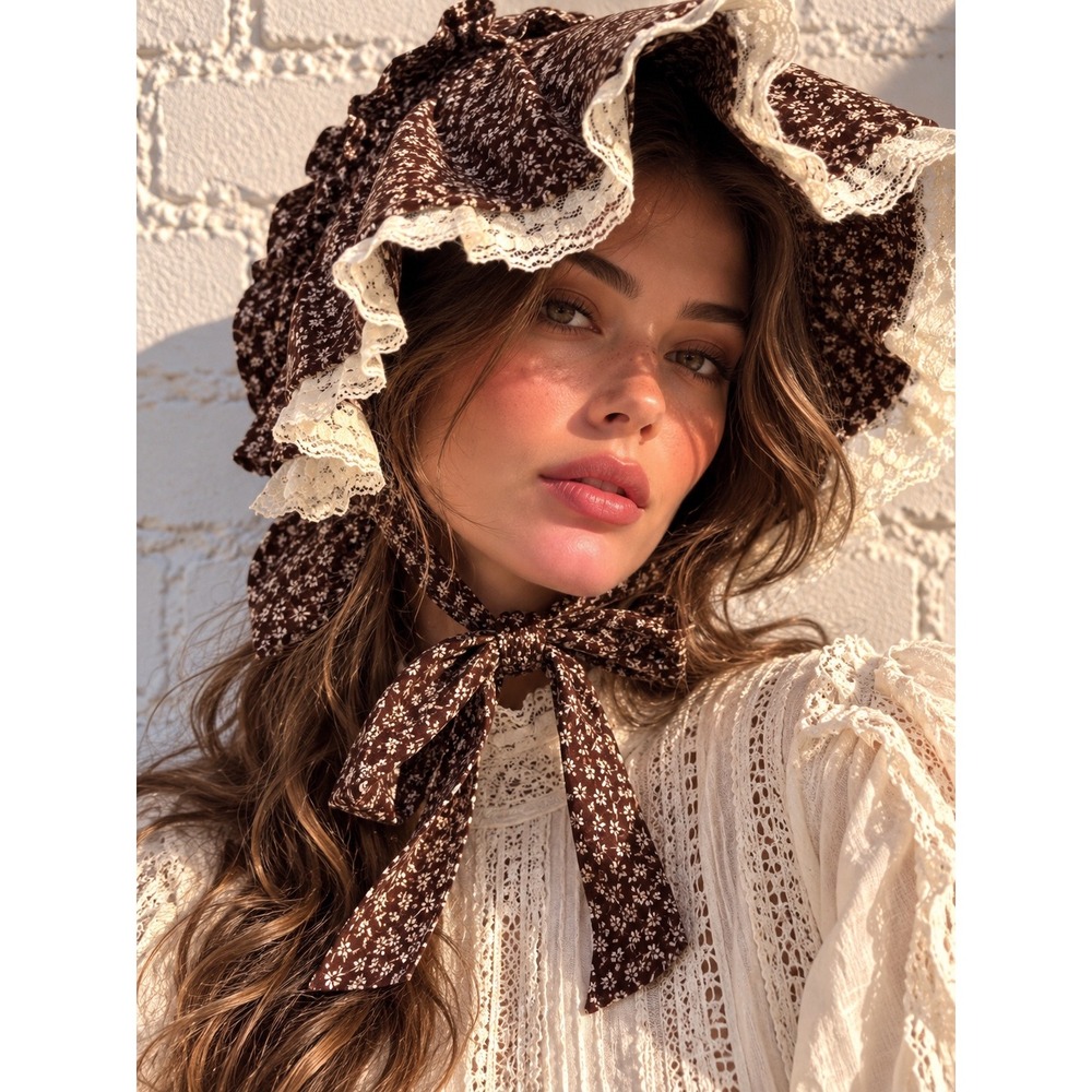 Vintage Brown Cotton Calico Floral Prairie Bonnet Lace Trim Cottagecore OS